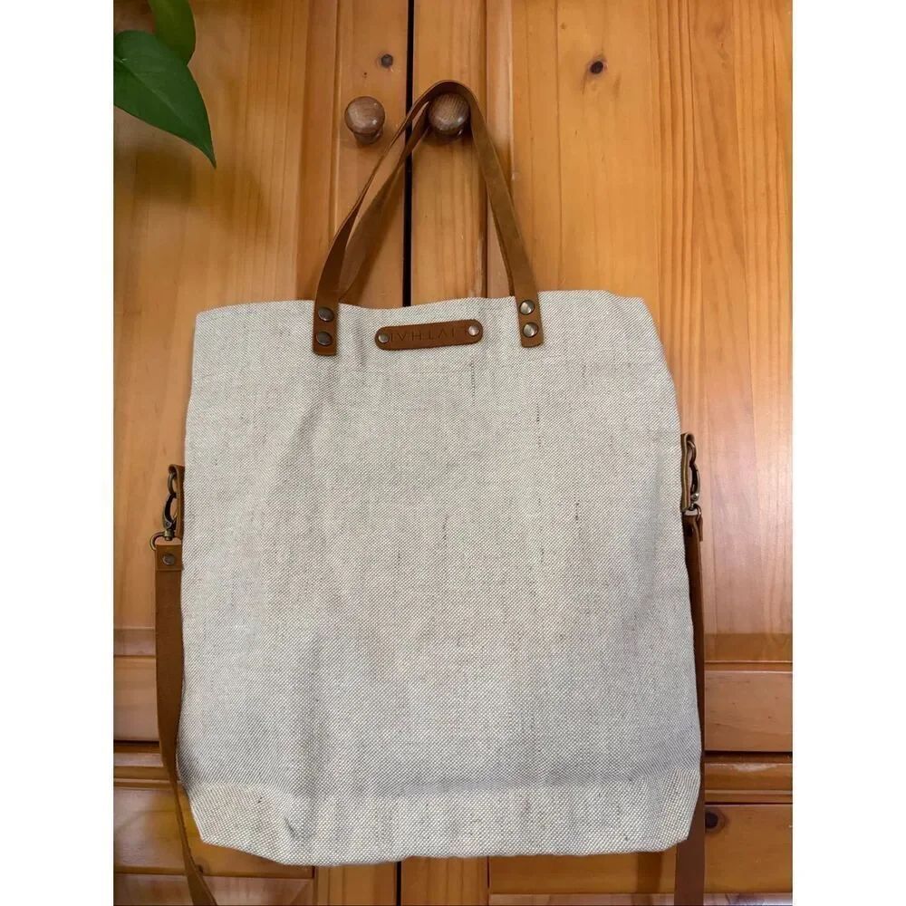 LIVTHAI Canvas Leather Foldover Tote Crossbody Beige - Picture 4 of 14